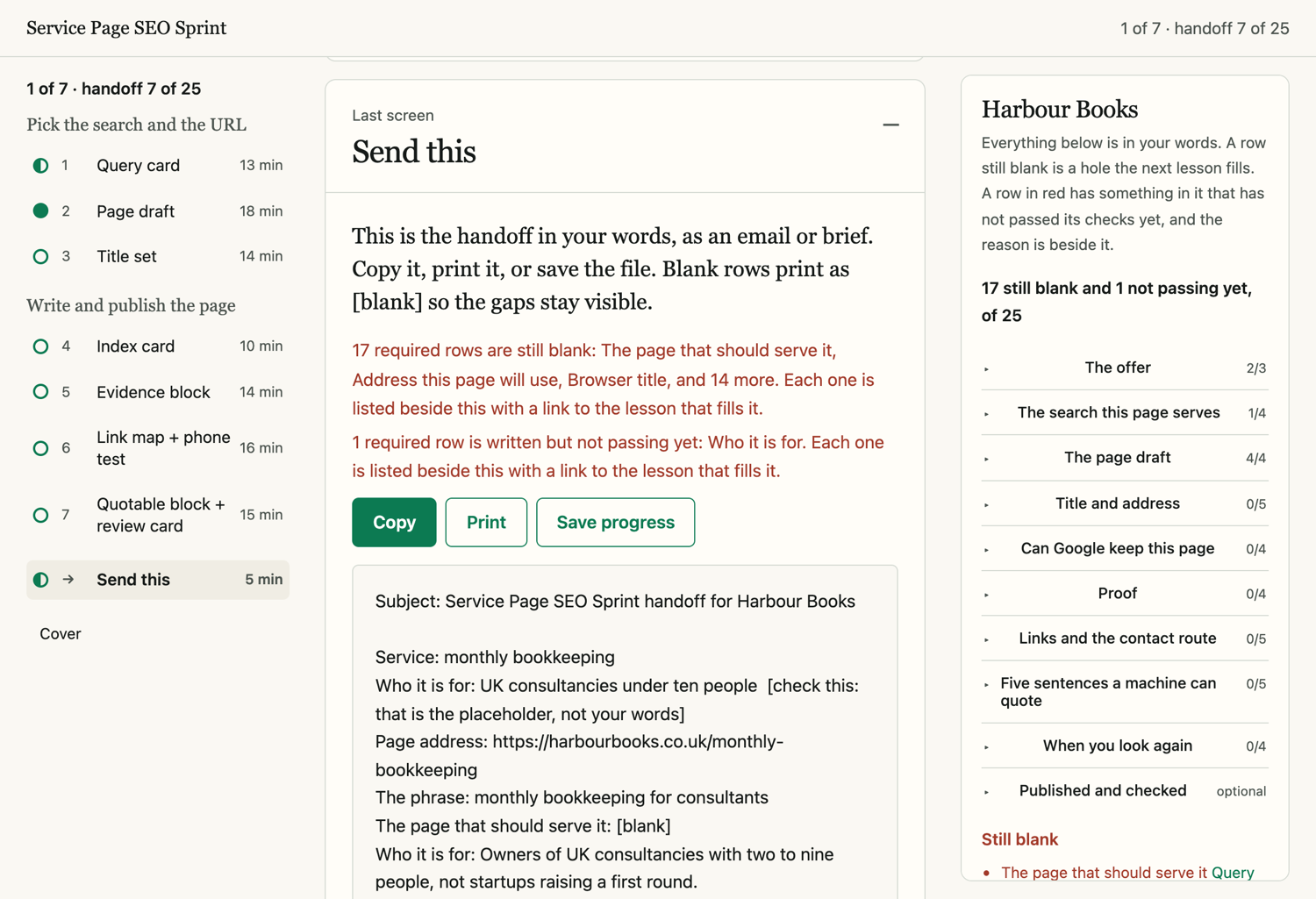 The finished page brief from the Service Page SEO Sprint, filled in, showing the search the page serves and the four blocks written in the buyer's own words.
