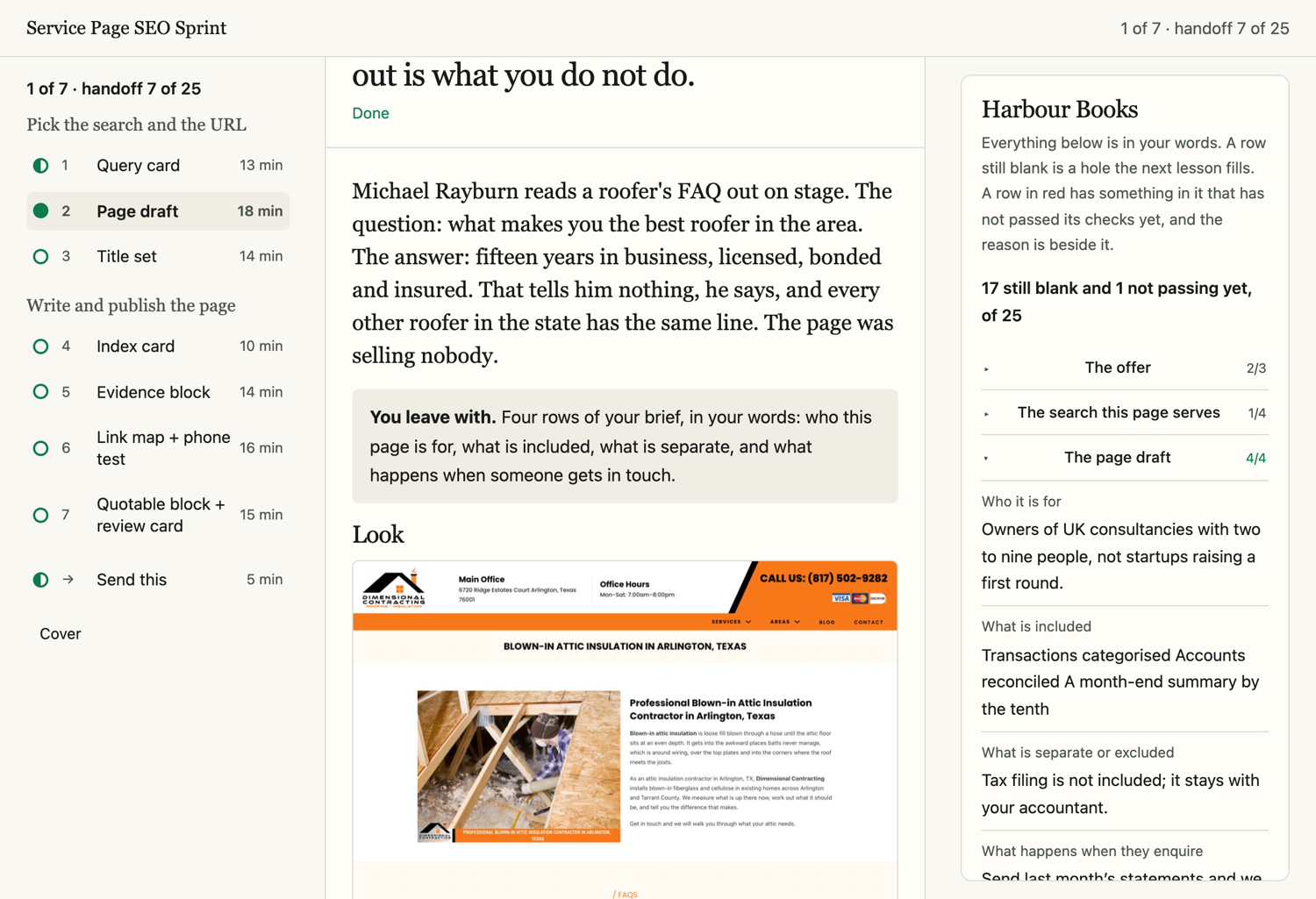 A lesson in the Sprint. On the left the seven lessons. In the middle the four blocks of the page draft shown as a shape. On the right the buyer's page brief filling with their own words.